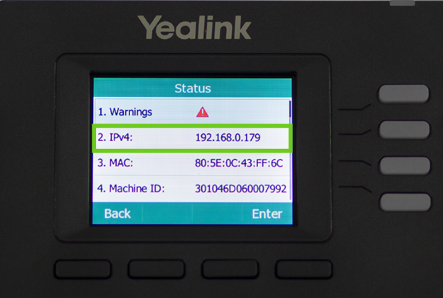 A close-up of a Yealink IP phone screen displaying the network status menu. The screen shows details such as warnings, an IPv4 address (192.168.0.179) highlighted in green, a MAC address, and a machine ID. The interface includes "Back" and "Enter" options at the bottom.