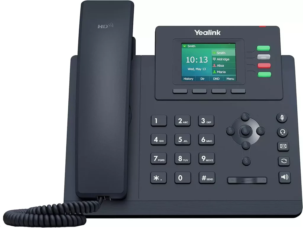 Yealink T33G desk phone with a digital display, keypad, and function buttons for easy calling.
