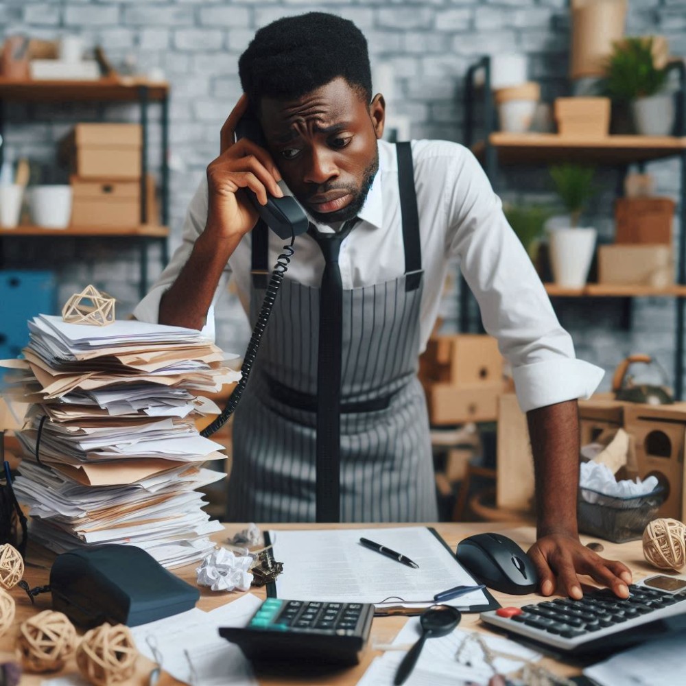 A frustrated small business owner overwhelmed with paperwork during a power outage, highlighting the hidden costs of not using a Norden UPS.