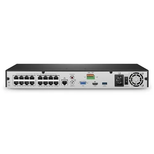 Rear view of a network video recorder (NVR) showing multiple Ethernet ports, audio input/output jacks, a VGA port, HDMI port, USB ports, power connector, and cooling fan.