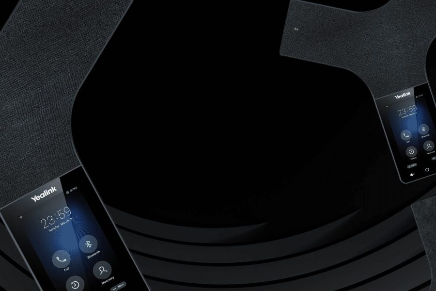 Yealink CP925 and CP965 conference phones displayed on a sleek black background with curved lines, showcasing their touchscreen interface.
