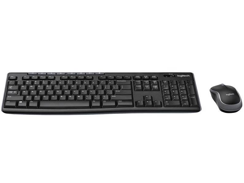 Logitech MK270 wireless keyboard and mouse combo in black, featuring a full-size keyboard with number pad and a compact optical mouse.