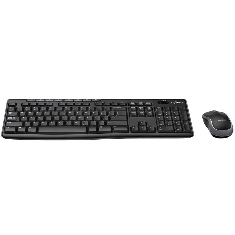Logitech MK270 wireless keyboard and mouse combo in black, featuring a full-size keyboard with number pad and a compact optical mouse.