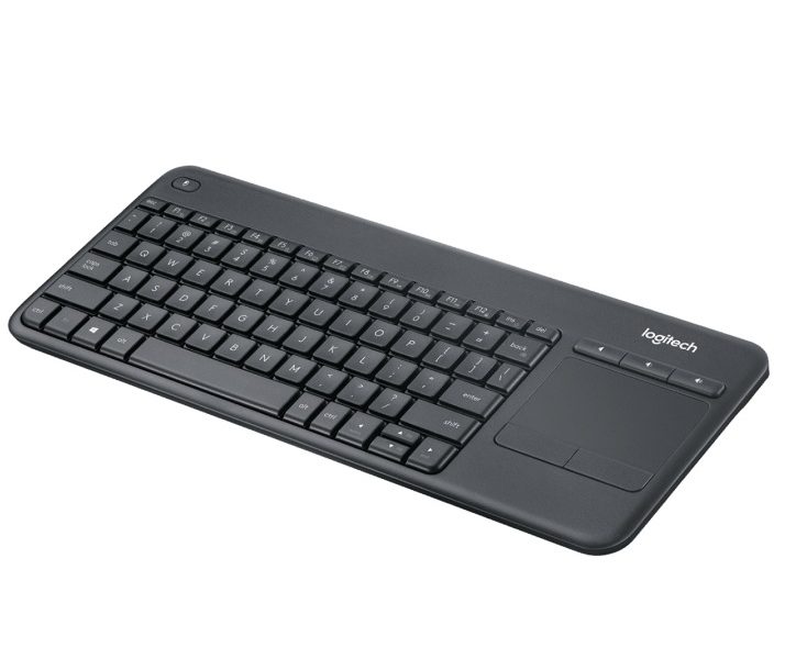 Logitech K400 Plus Wireless Touch Keyboard featuring a built-in touchpad, compact black design, and media control buttons for smart TV and PC use.