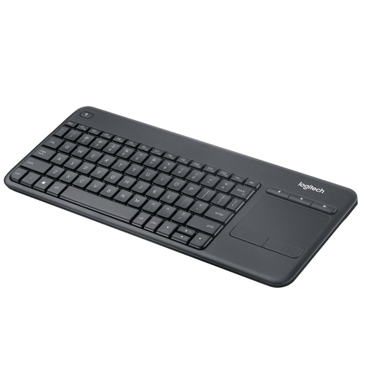 Logitech K400 Plus Wireless Touch Keyboard featuring a built-in touchpad, compact black design, and media control buttons for smart TV and PC use.