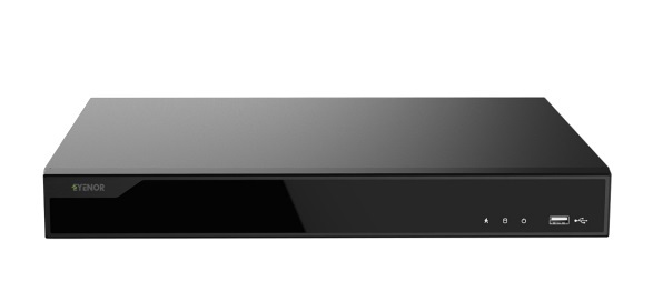 Front view of a black 16-channel Synor Network Video Recorder (NVR) featuring a sleek design with LED indicators and a USB port on the right side.