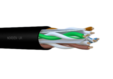 Close-up image of a Norden UK Cat 6 U/UTP external cable with black outer jacket partially peeled back to reveal twisted pairs of color-coded copper wires inside. with Ethernet Cable Speed Impact