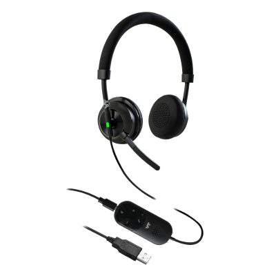 Black VT8600 dual-connection headset with cushioned ear cups, adjustable headband, boom microphone, and USB inline control cable for PC connectivity.