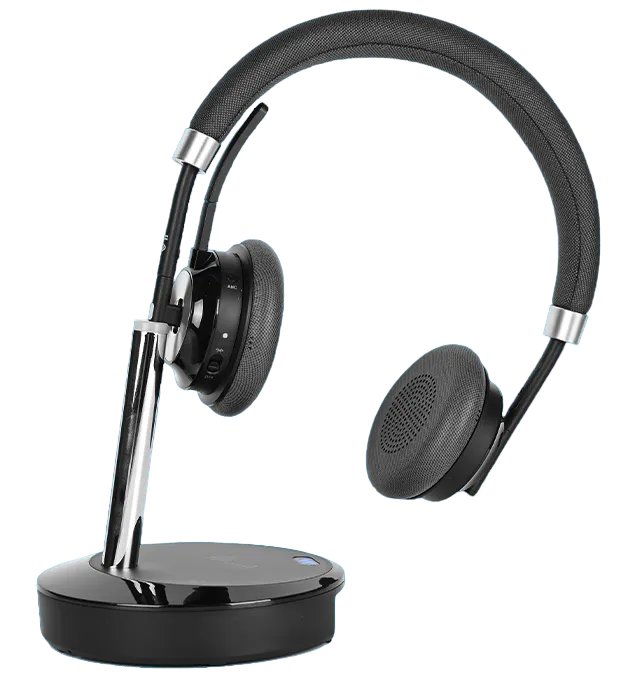 "VT Headsets 2025 Review – Stylish wireless VT headset with dual speakers and charging dock, perfect for office and remote work use."