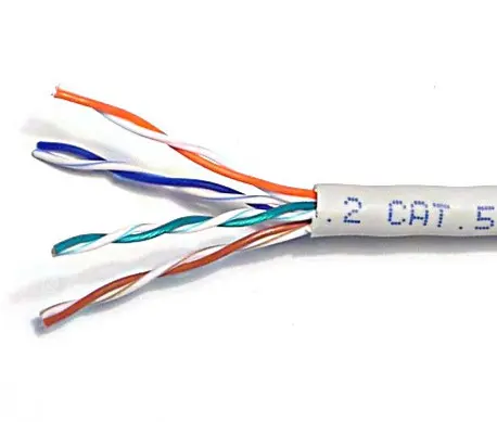 Close-up of a Cat5 Ethernet cable with twisted pairs exposed, used to improve internet speed and reduce network latency