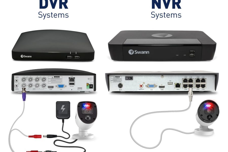 Comparison image of DVR and NVR security systems by Swann, showing front and rear views of each recorder, as well as the different wiring setups and camera connections used for analog (DVR) and IP (NVR) systems.