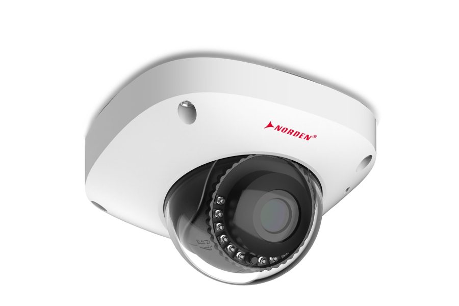 Side-angle view of a high-definition Norden dome security camera with infrared LEDs, illustrating key Norden CCTV Cameras Features for smart home and business surveillance