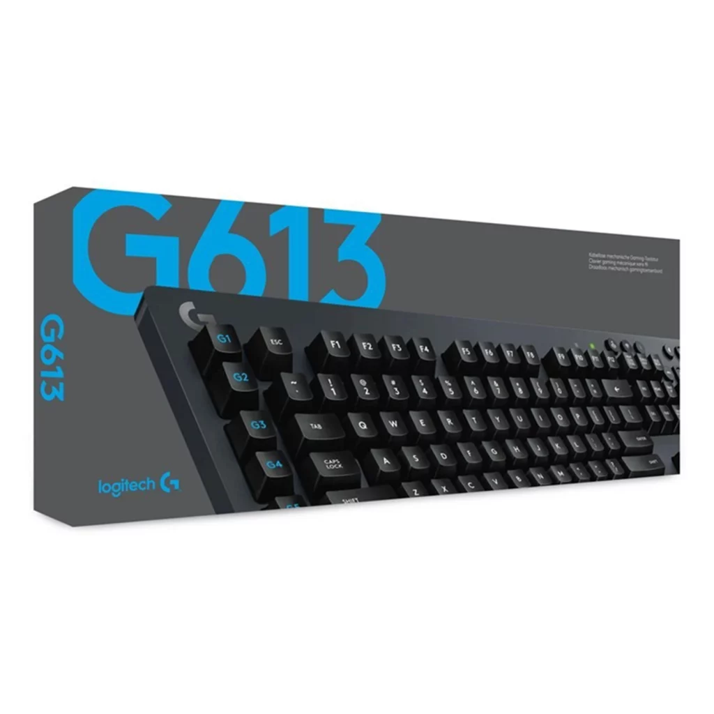 Logitech G613 wireless mechanical gaming keyboard packaging showing the keyboard with customizable macro keys and full key layout on the front of the box.