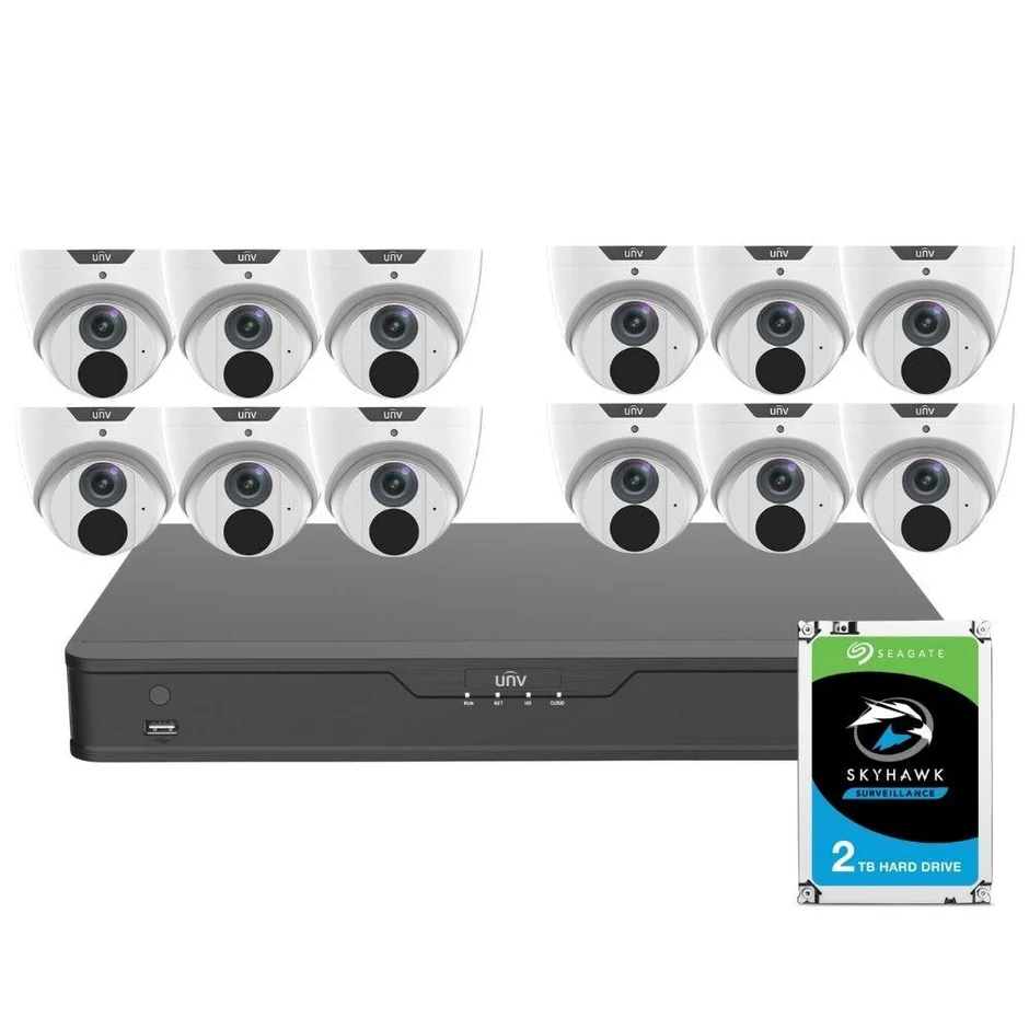 Uniview 16-channel security system bundle featuring a network video recorder (NVR), twelve 8MP 4K turret cameras, and a 2TB Seagate SkyHawk surveillance hard drive.