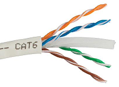 Close-up of a Cat6 Ethernet cable with twisted pairs exposed, used to improve internet speed and reduce network latency.