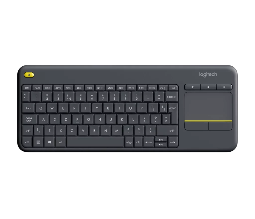 Top view of the Logitech K400 Plus Wireless Touch Keyboard in black, featuring an integrated touchpad and yellow accents on the left power button and touchpad click bar.