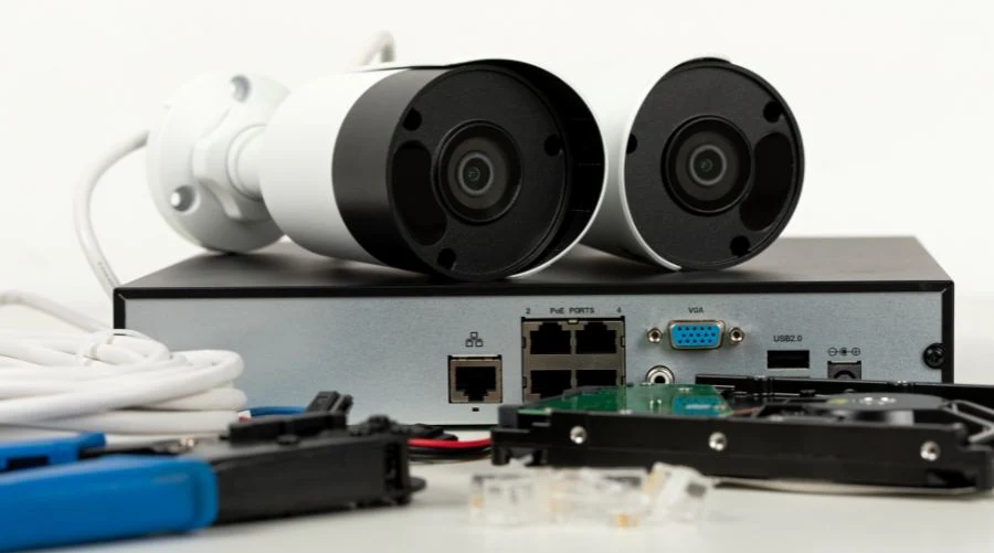 Network video recorder (NVR) setup with two bullet-style security cameras, Ethernet cables, and hard drive components, displayed on a white background.