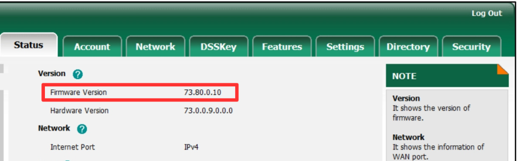 Screenshot of a device status page showing firmware version 73.80.0.10 highlighted in red, along with hardware version and network information tabs such as Account, Network, DSSKey, Features, Settings, Directory, and Security.