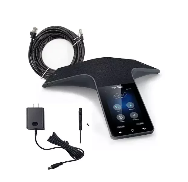 Yealink CP925 conference phone with power adapter, Ethernet cable, screwdriver, and mounting screw included.