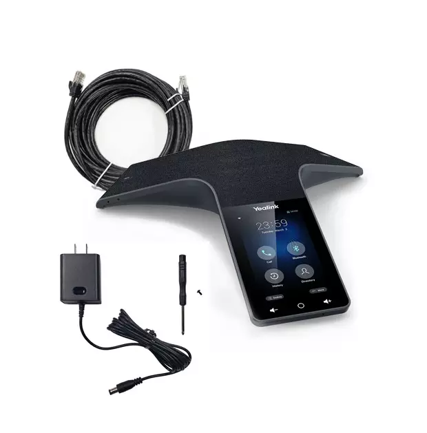 Yealink CP925 conference phone with power adapter, Ethernet cable, screwdriver, and mounting screw included.