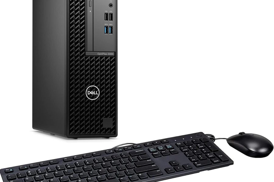 A black Dell OptiPlex 3000 desktop computer tower standing upright, positioned behind a black wired keyboard and mouse. The computer tower has a textured front panel on the left and a smooth panel on the right with various ports. The Dell logo is visible on the tower's front.