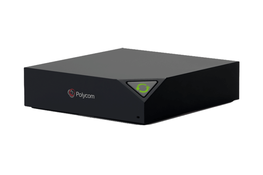 A black, rectangular Polycom RealPresence Trio Visual+ device with a green illuminated power symbol on its top right corner.