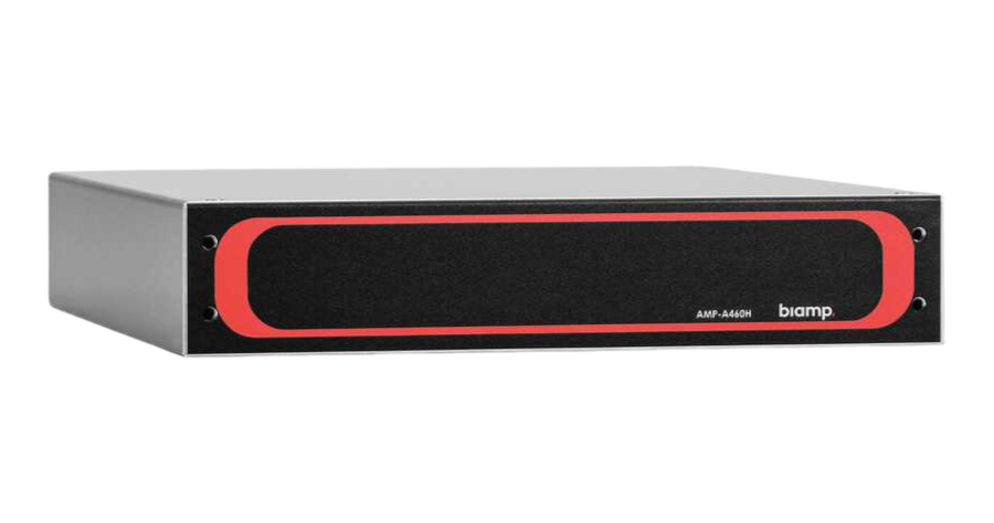 A front-facing shot of a black audio amplifier with a red and black faceplate. The amplifier has "AMP-A460H" and "biamp" printed on the front in white text.