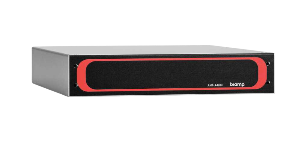 A front-facing shot of a black audio amplifier with a red and black faceplate. The amplifier has "AMP-A460H" and "biamp" printed on the front in white text.