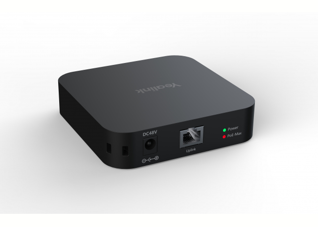A square, black Yealink network hub is shown at a slight angle on a white background. On its front, there's a DC48V power input, an "Uplink" Ethernet port, and two small indicator lights for "Power" (green) and "PoE-Max" (red).