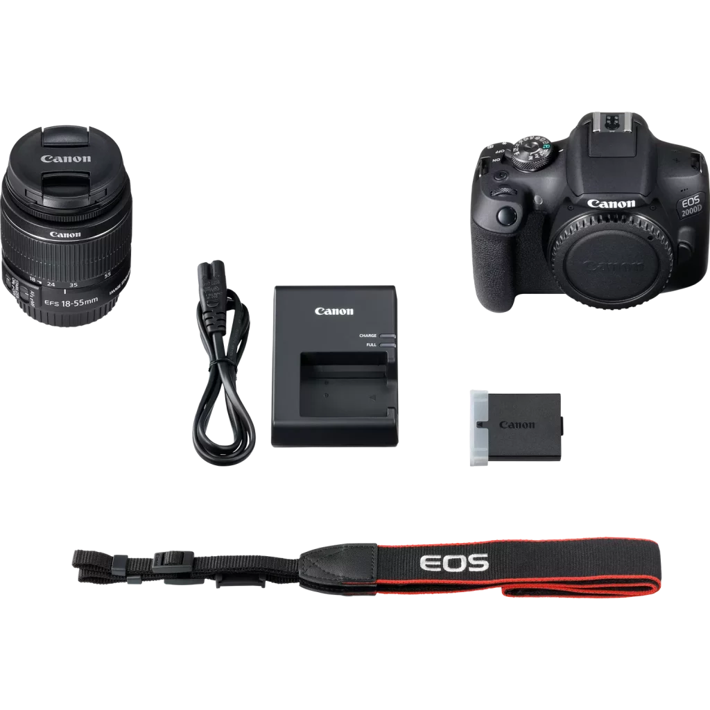 A flat lay of Canon camera equipment on a black background. From top left to bottom right, the items are: a Canon EF-S 18-55mm lens with its cap on, a Canon EOS 2000D DSLR camera body with its lens cap on, a Canon battery charger with a power cord, a Canon battery, and a black and red EOS branded camera strap. All items are neatly arranged and connected by thin white lines indicating a set.