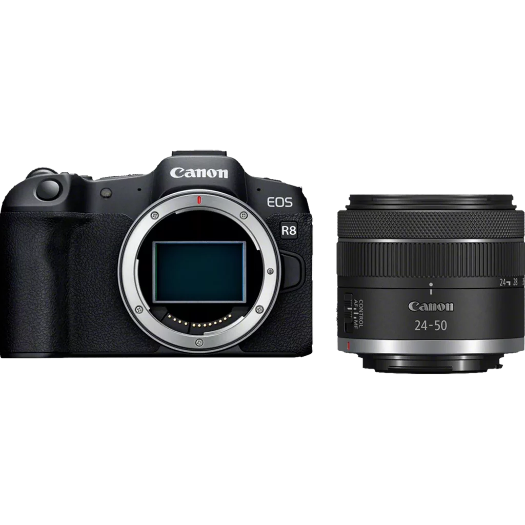 A Canon EOS R8 camera body and a Canon 24-50mm lens are displayed side by side on a solid black background. The camera is on the left with a red tab visible on the lens mount. The lens is on the right, detached from the camera body.