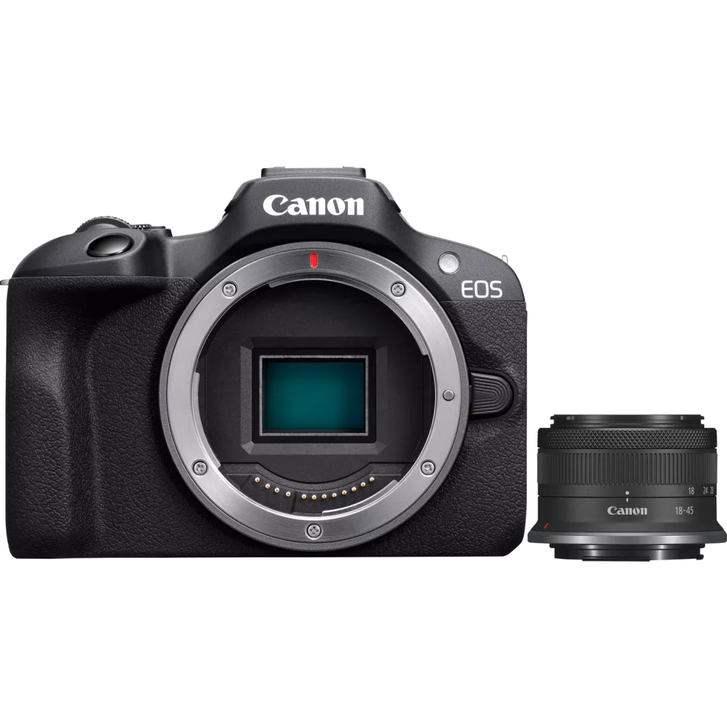 Based on the image, the camera is a **Canon EOS R100** with the lens detached. The lens shown next to the camera is a **Canon RF-S 18-45mm f/4.5-6.3 IS STM**. The camera body is shown with the lens mount exposed, revealing the sensor.
