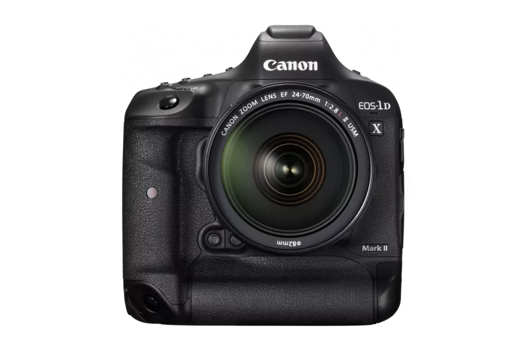 A front-facing studio shot of a black Canon EOS-1D X Mark II DSLR camera with a Canon Zoom Lens EF 24-70mm 1:2.8L II USM attached. The camera has a textured grip and prominent "Canon" and "EOS-1D X Mark II" branding. The background is white.