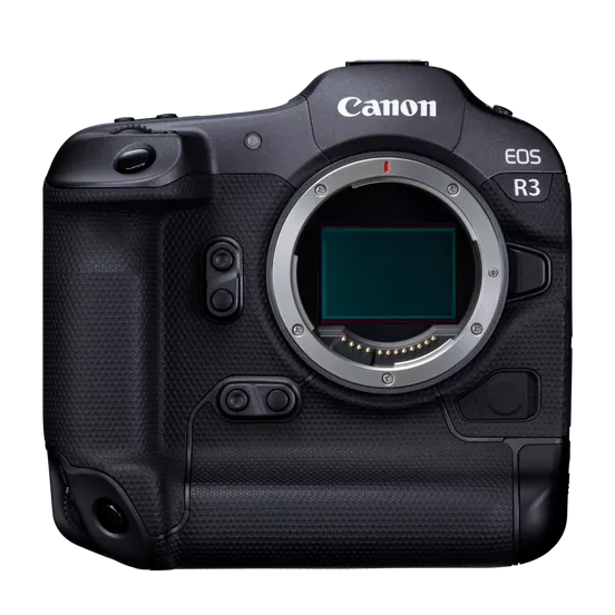 A front view of the Canon EOS R3 mirrorless camera body, without a lens attached. The camera features a large, integrated vertical grip, a textured black finish, and a visible image sensor within the lens mount.