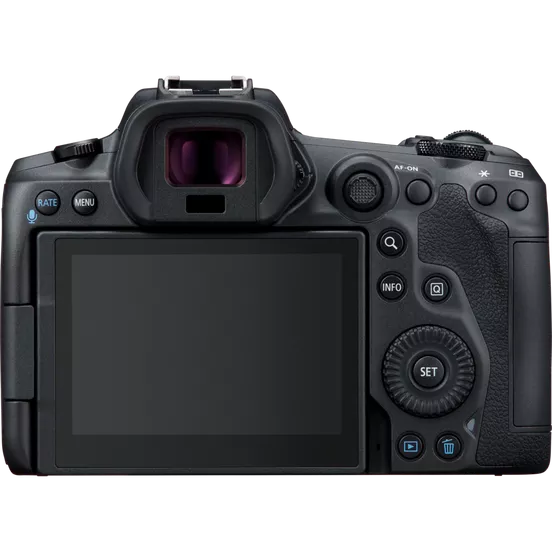 A back view of the black Canon EOS R5 mirrorless camera body, showing the fully articulated LCD screen, the electronic viewfinder, and the various buttons and dials on the back of the camera.