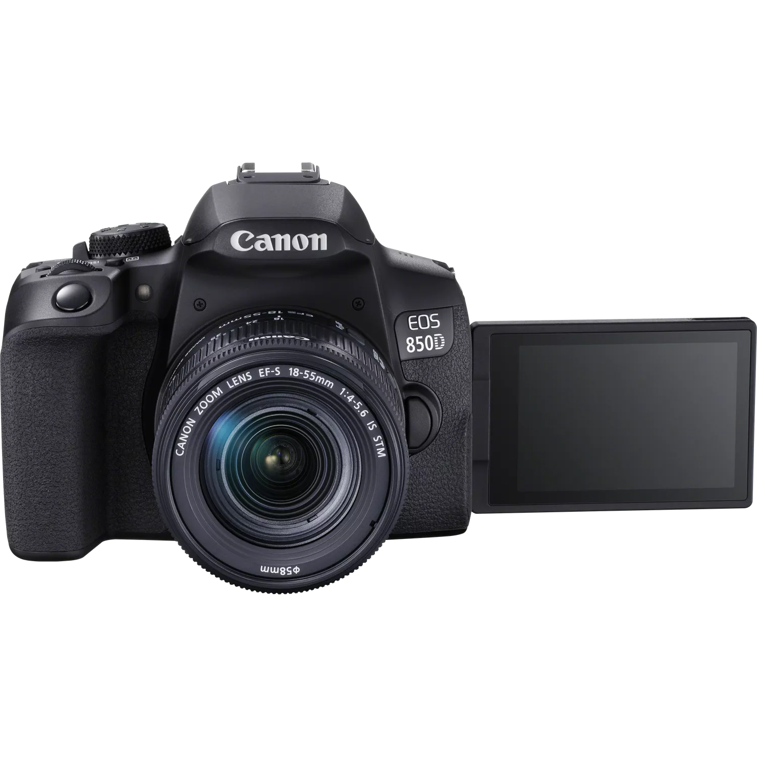 This is an image of the Canon EOS 850D (also known as the Rebel T8i). It's a DSLR camera shown with its vari-angle touchscreen flipped out to the side. The camera has a Canon EF-S 18-55mm f/4-5.6 IS STM kit lens attached. The background is a gradient of black to grey, highlighting the camera.