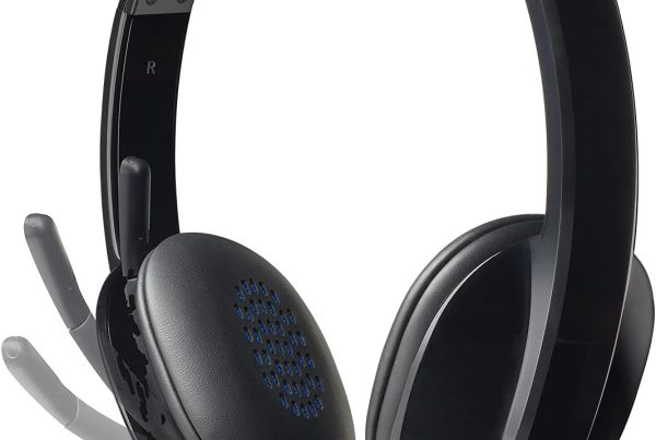 Black Logitech wired USB headset featuring padded leatherette ear cushions with blue inner acoustic accents, an adjustable headband, and a flexible, rotating boom microphone shown in multiple adjustment positions.