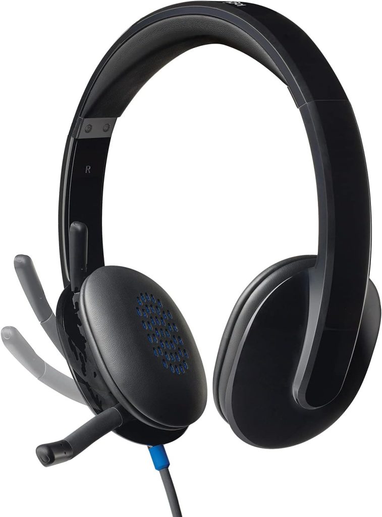 Black Logitech wired USB headset featuring padded leatherette ear cushions with blue inner acoustic accents, an adjustable headband, and a flexible, rotating boom microphone shown in multiple adjustment positions.
