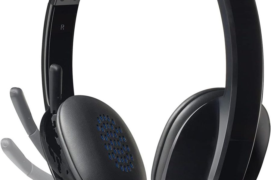 Black Logitech wired USB headset featuring padded leatherette ear cushions with blue inner acoustic accents, an adjustable headband, and a flexible, rotating boom microphone shown in multiple adjustment positions.