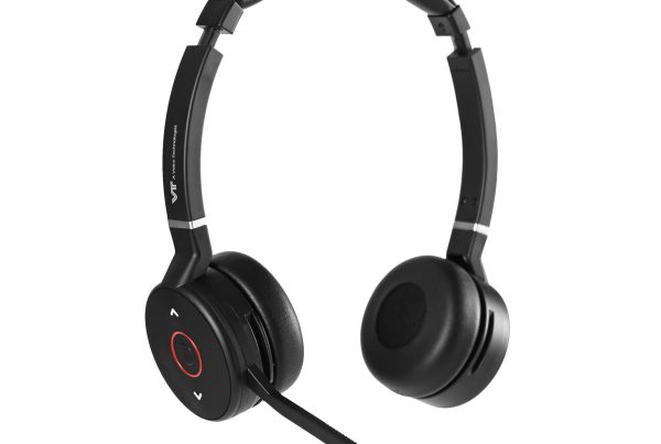 Black VT VT9800 BT Duo wireless Bluetooth headset with a padded headband, soft ear cushions, an adjustable microphone boom arm, and integrated control buttons on the outer ear cup against a plain white background.