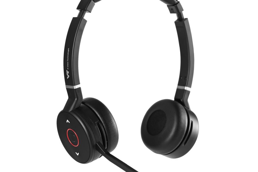 Black VT VT9800 BT Duo wireless Bluetooth headset with a padded headband, soft ear cushions, an adjustable microphone boom arm, and integrated control buttons on the outer ear cup against a plain white background.