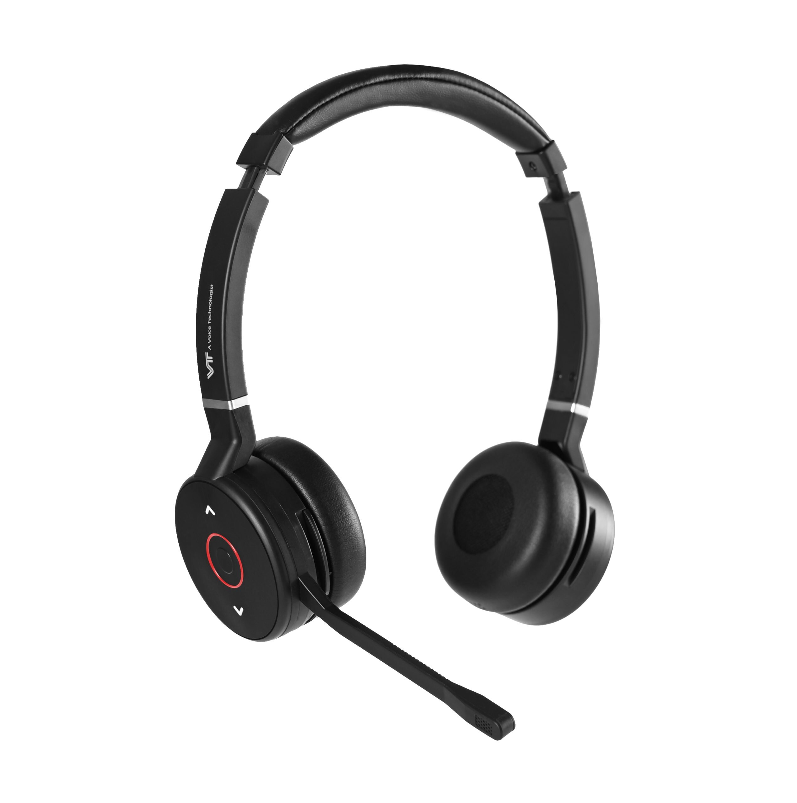 Black VT VT9800 BT Duo wireless Bluetooth headset with a padded headband, soft ear cushions, an adjustable microphone boom arm, and integrated control buttons on the outer ear cup against a plain white background.
