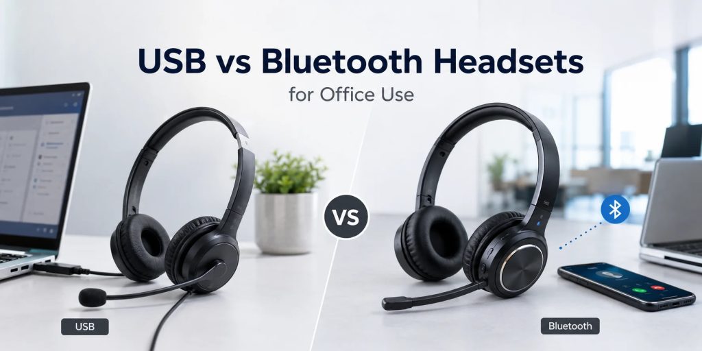 A side-by-side visual comparison titled "USB vs Bluetooth Headsets for Office Use." On the left side, labeled "USB," a black wired office headset with a boom microphone is connected directly to a laptop. On the right side, labeled "Bluetooth," a similar wireless black office headset with a boom microphone is connected wirelessly via Bluetooth to a smartphone displaying an incoming call.