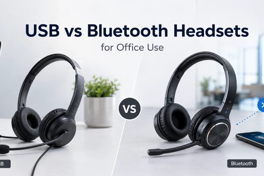 A side-by-side visual comparison titled "USB vs Bluetooth Headsets for Office Use." On the left side, labeled "USB," a black wired office headset with a boom microphone is connected directly to a laptop. On the right side, labeled "Bluetooth," a similar wireless black office headset with a boom microphone is connected wirelessly via Bluetooth to a smartphone displaying an incoming call.