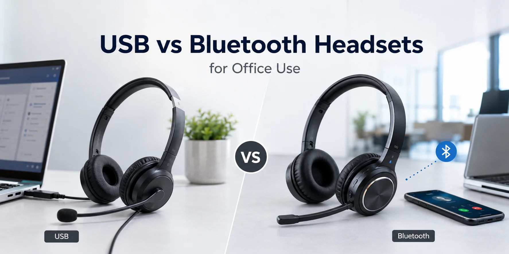 A side-by-side visual comparison titled "USB vs Bluetooth Headsets for Office Use." On the left side, labeled "USB," a black wired office headset with a boom microphone is connected directly to a laptop. On the right side, labeled "Bluetooth," a similar wireless black office headset with a boom microphone is connected wirelessly via Bluetooth to a smartphone displaying an incoming call.