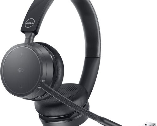 Black Dell wireless headset with an attached boom microphone, soft leatherette ear cushions, headband controls, and a USB receiver dongle.