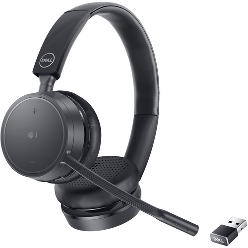 Black Dell wireless headset with an attached boom microphone, soft leatherette ear cushions, headband controls, and a USB receiver dongle.