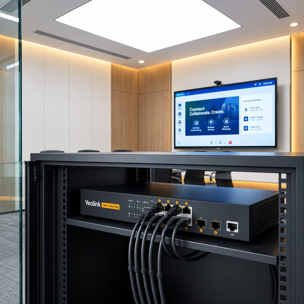 Yealink video conferencing network switch unit with connected Ethernet cables mounted inside an AV equipment rack in a modern conference room