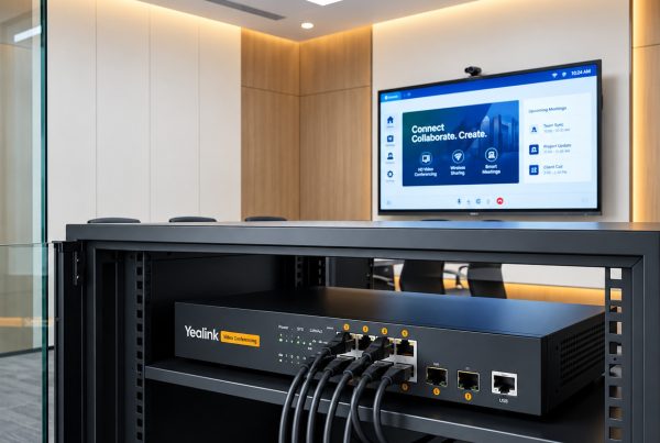 Yealink video conferencing network switch unit with connected Ethernet cables mounted inside an AV equipment rack in a modern conference room