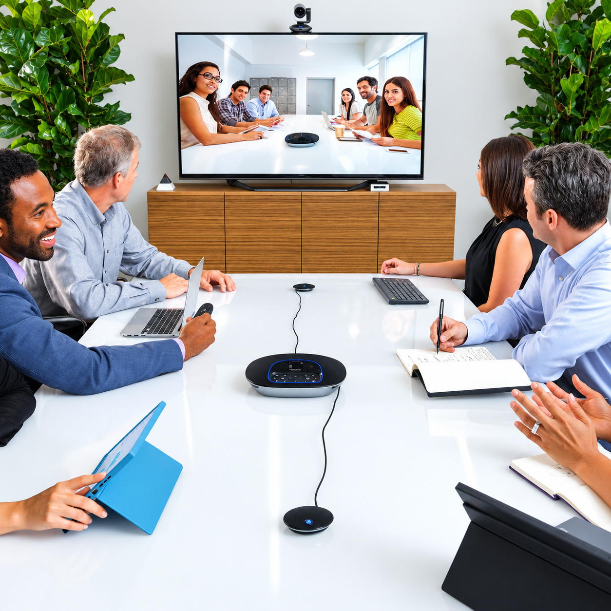 A group of people sitting around a conference table using a Logitech Group video conferencing system with a central speakerphone, expansion mics, and a large display screen showing remote participants.